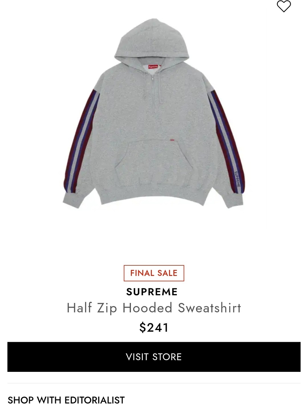 Supreme Gray Half-Zip Hooded Sweatshirt with Stripe Sleeves